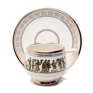 Vintage Arguros 24K Gold Greek Ceramic Cup & Saucer Set Handmade Greece White